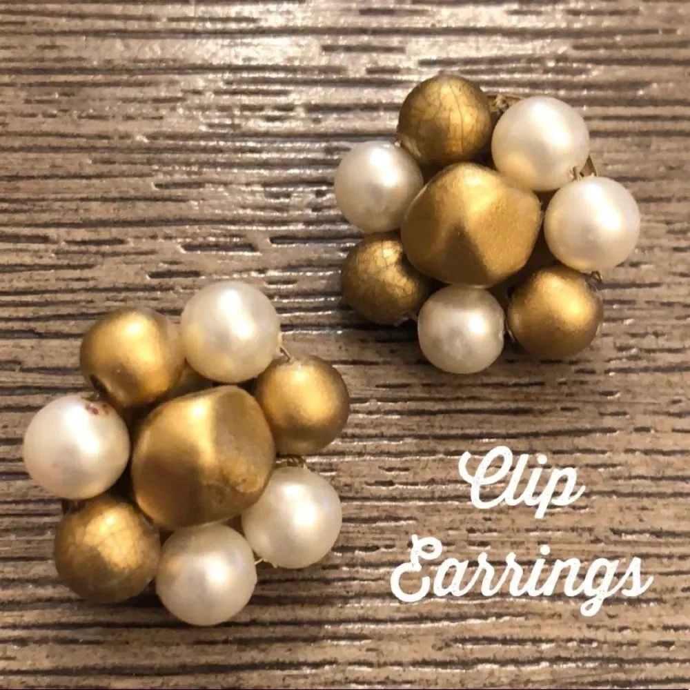 Vintage Pearl & Gold Bead Cluster Clip Earrings